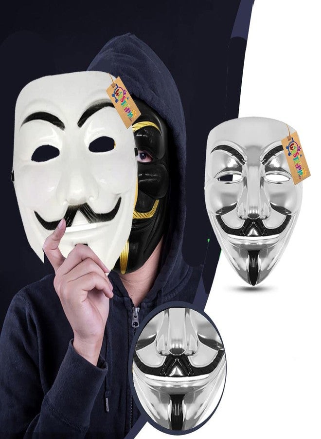 Western Era Stylish and Iconic V for Vendetta Silver, White & Black Cosplay Mask: Perfect for Fans of the Movie and Graphic Novel with its Distinctive Design and Comfortable Fit. (Combo Of 3) - Image 2